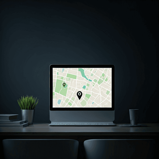 A dark mode map showing the location of the office.